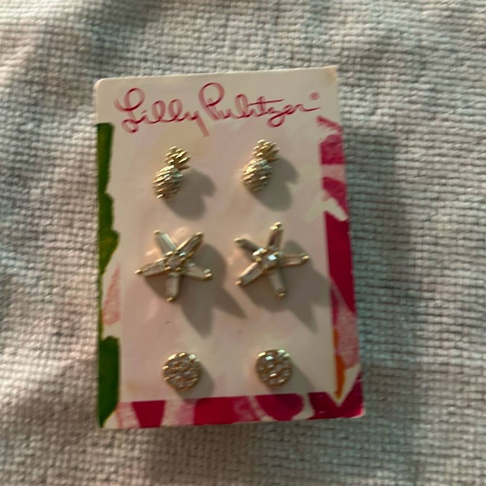 Lilly Pulitzer Gold Pineapple, Starfish and Crystal Stud Earring Set